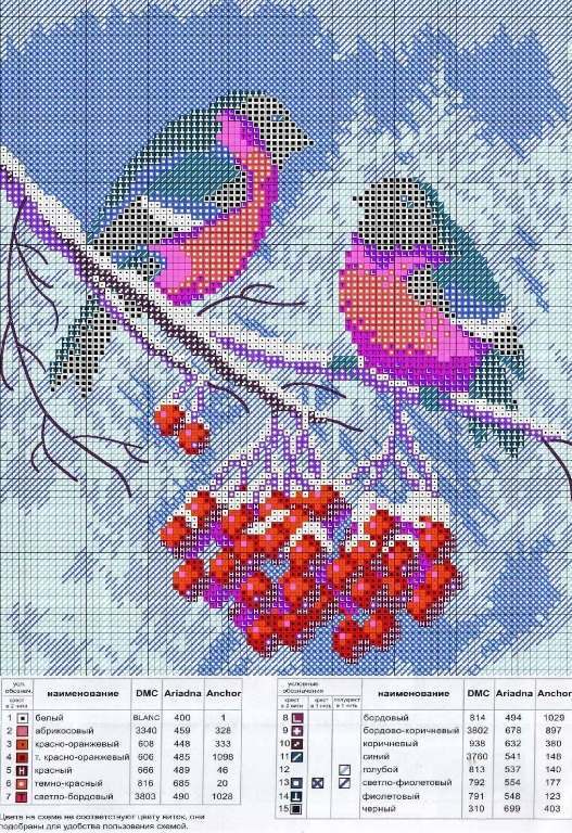 Вышивка крестом снегири и красивая подборка схем